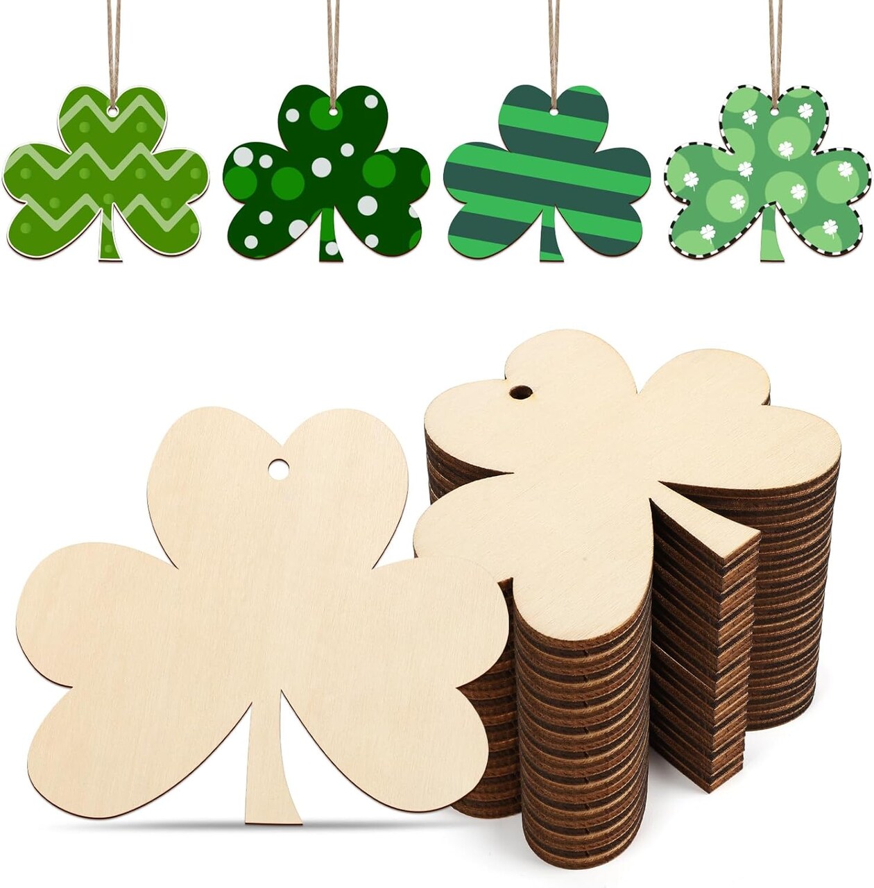 Wooden Shamrock Ornaments to Paint – 24PCS DIY Blank St. Patrick’s Day Craft Cutouts, 3.5 x 3 Inches, Hanging Decorations for Home, Farmhouse & Spring Crafts
